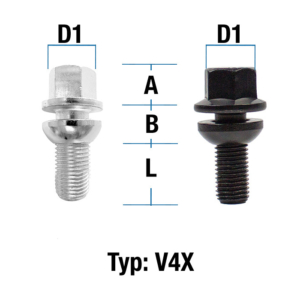 Radschraube M14X1,5 Kugel R13 zweiteilig Typ V4x (verzinkt/schwarz) – L: 24 – 54 mm