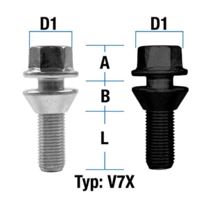 Radschraube M14X1,5 Kegel 60° zweiteilig Typ V7x (verzinkt/schwarz) – L: 28 – 60 mm