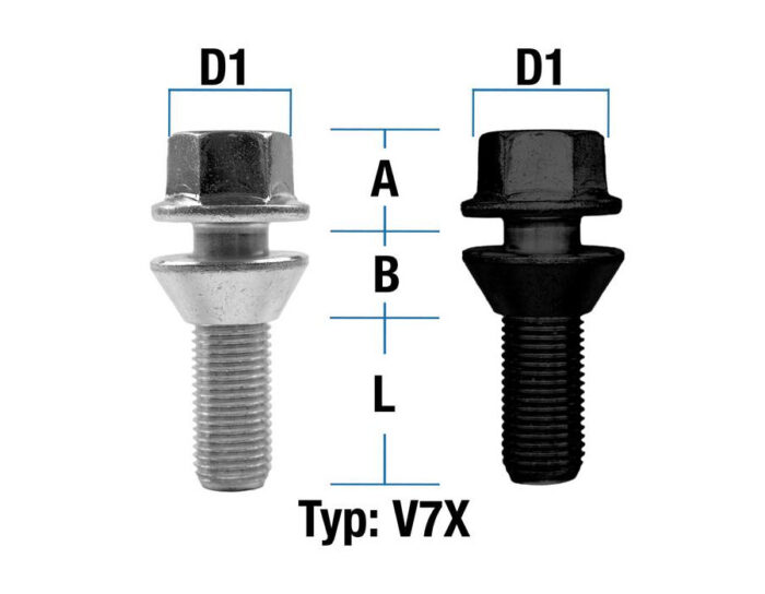 Radschraube M14X1,5 Kegel 60° zweiteilig Typ V7x (verzinkt/schwarz) - L: 28 - 60 mm